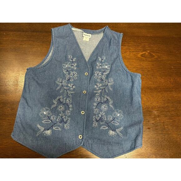 VTG Grandma Core Denim Floral Embroidered Y2K Vest Women Large Grunge Festival - Picture 1 of 9